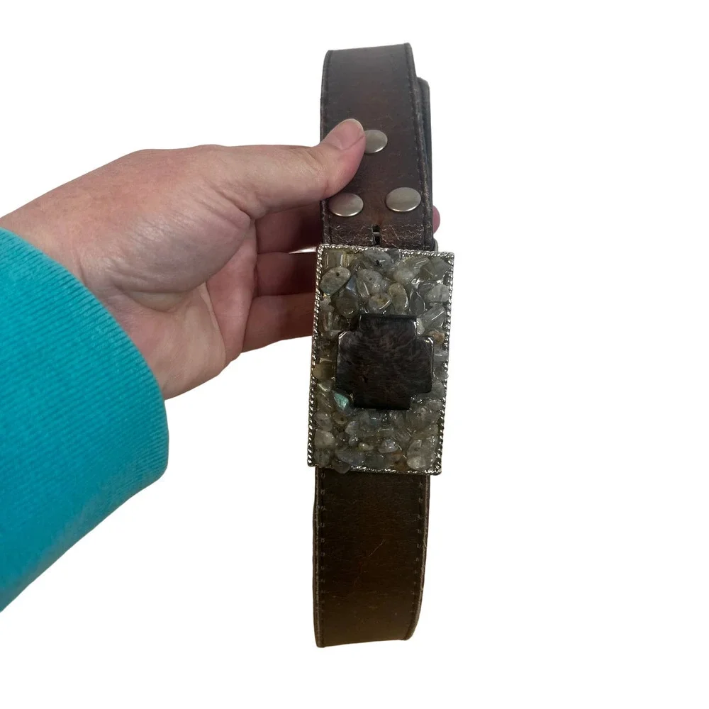 Unknown Leather Belt with Stone Decorated Belt‎ Buckle SZ S